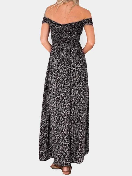 Floral Print Off Shoulder Splited Hem Maxi Dresses
