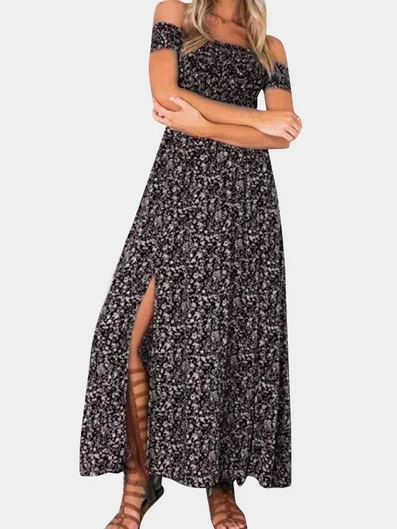 Floral Print Off Shoulder Splited Hem Maxi Dresses