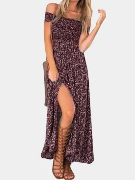 Floral Print Off Shoulder Splited Hem Maxi Dresses