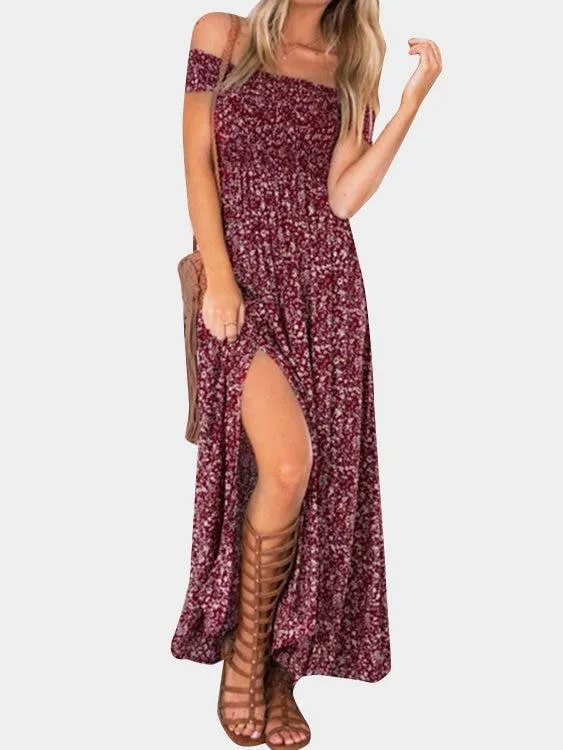 Floral Print Off Shoulder Splited Hem Maxi Dresses