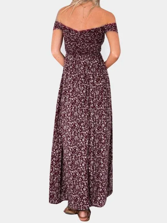 Floral Print Off Shoulder Splited Hem Maxi Dresses