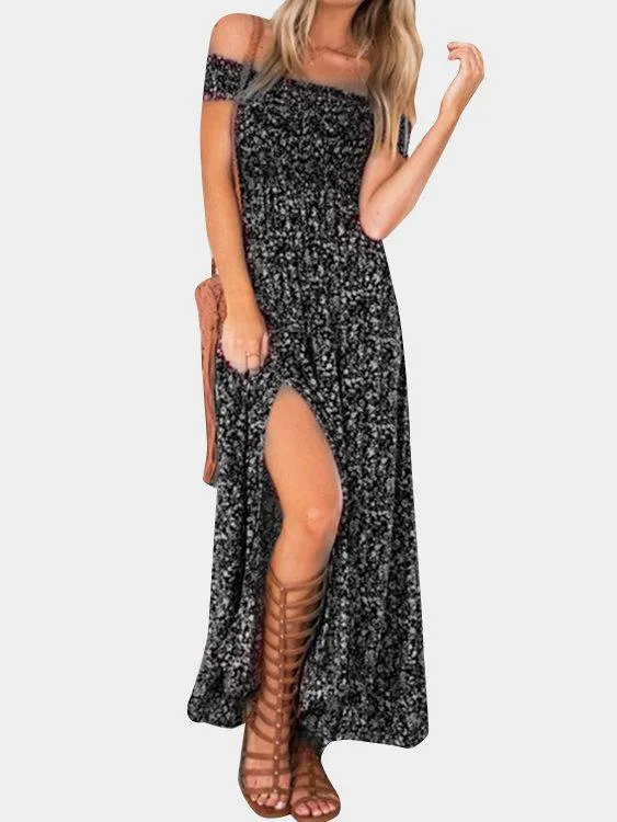 Floral Print Off Shoulder Splited Hem Maxi Dresses