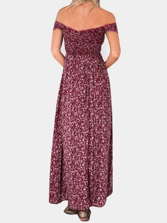Floral Print Off Shoulder Splited Hem Maxi Dresses
