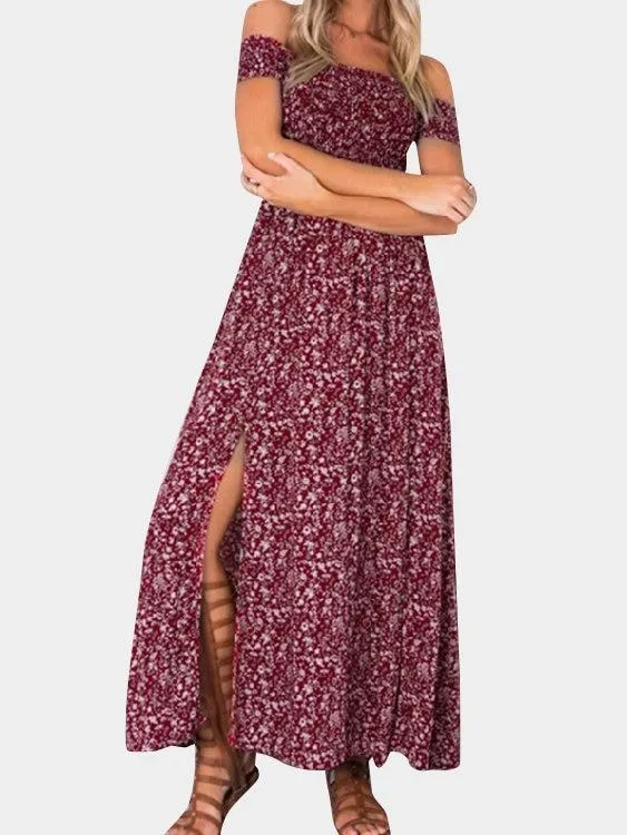 Floral Print Off Shoulder Splited Hem Maxi Dresses