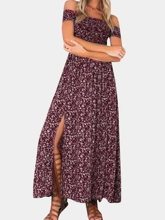 Floral Print Off Shoulder Splited Hem Maxi Dresses
