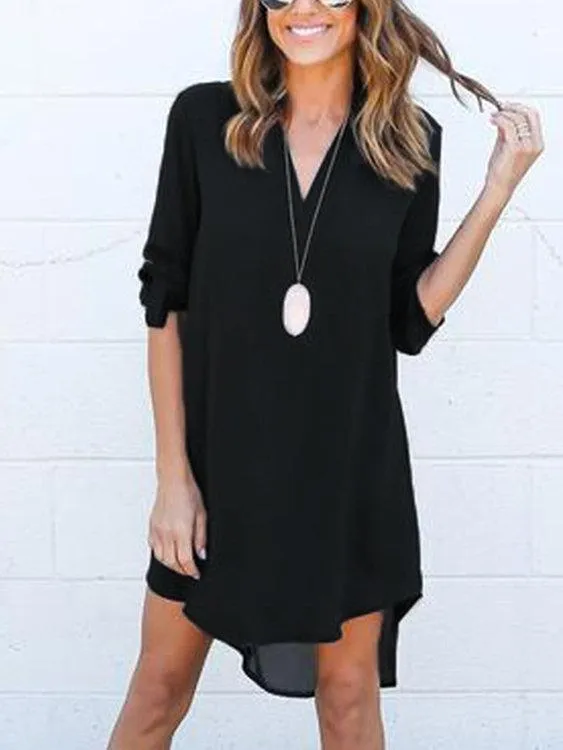 ForestGreen V-neck Long Sleeves Irregular hem Chiffon Dress