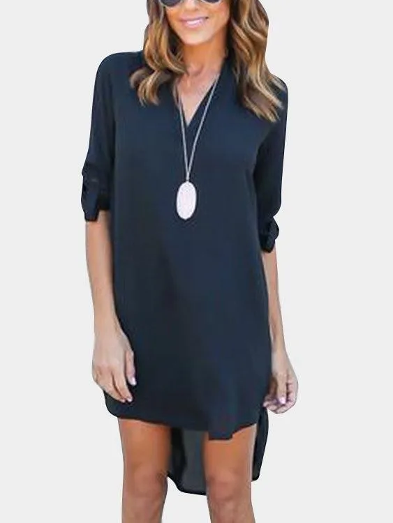 ForestGreen V-neck Long Sleeves Irregular hem Chiffon Dress