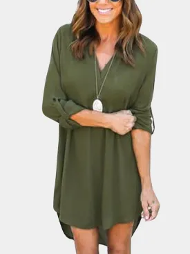 ForestGreen V-neck Long Sleeves Irregular hem Chiffon Dress