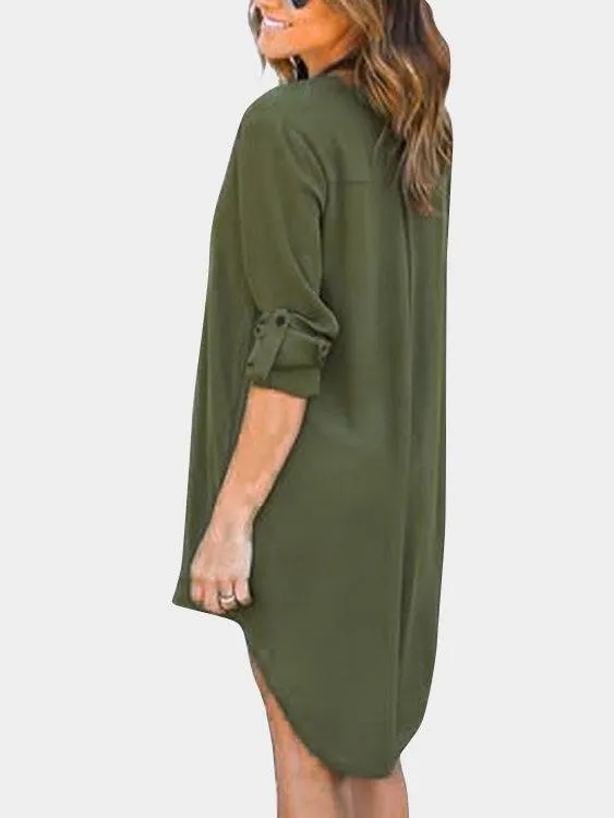 ForestGreen V-neck Long Sleeves Irregular hem Chiffon Dress