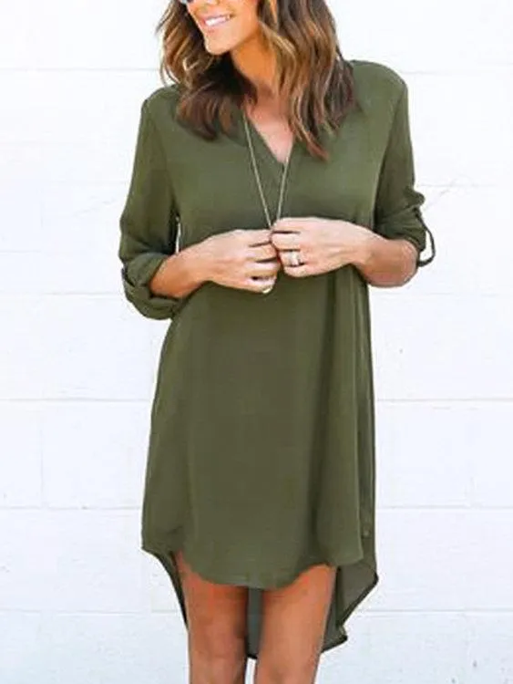 ForestGreen V-neck Long Sleeves Irregular hem Chiffon Dress