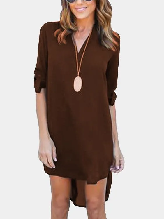 ForestGreen V-neck Long Sleeves Irregular hem Chiffon Dress