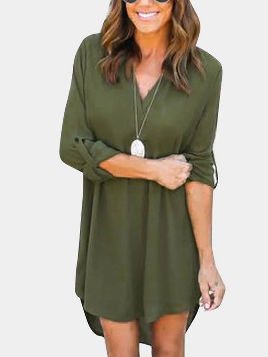ForestGreen V-neck Long Sleeves Irregular hem Chiffon Dress