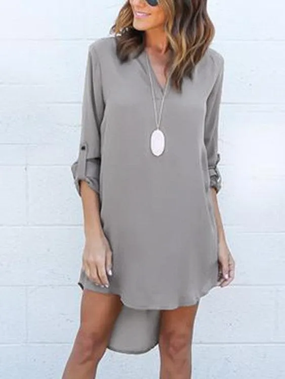 ForestGreen V-neck Long Sleeves Irregular hem Chiffon Dress