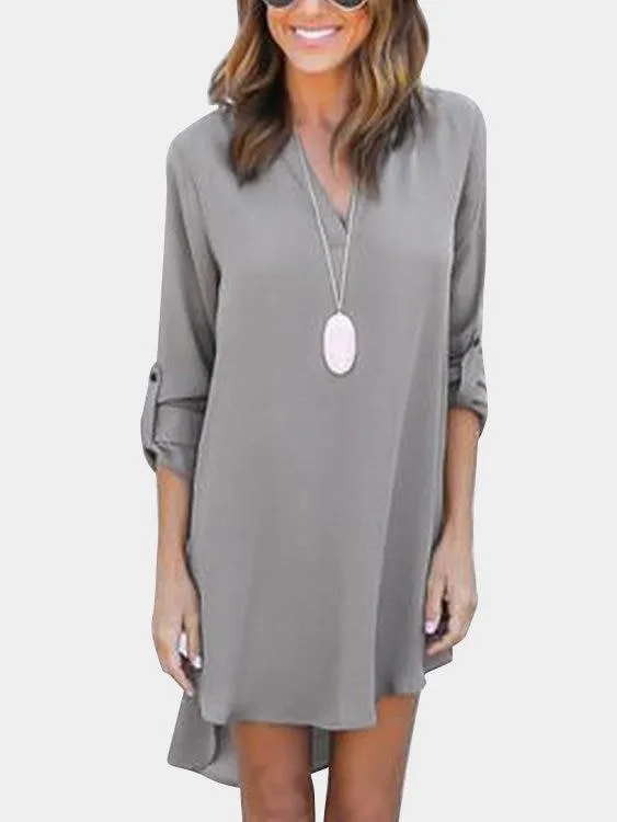 ForestGreen V-neck Long Sleeves Irregular hem Chiffon Dress