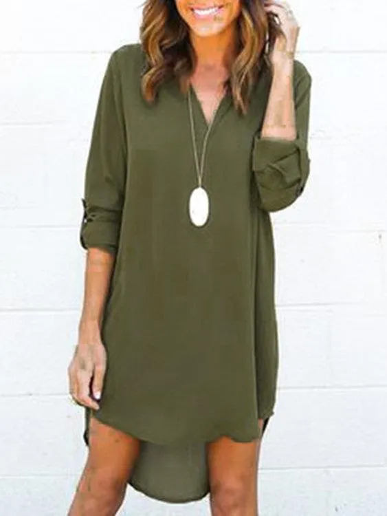 ForestGreen V-neck Long Sleeves Irregular hem Chiffon Dress