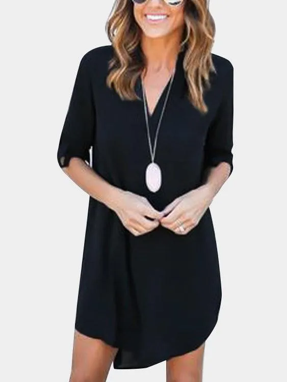 ForestGreen V-neck Long Sleeves Irregular hem Chiffon Dress