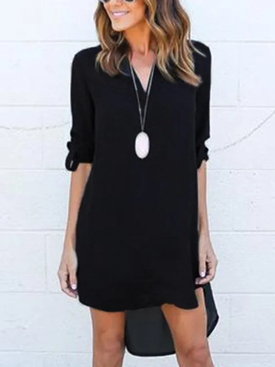 ForestGreen V-neck Long Sleeves Irregular hem Chiffon Dress