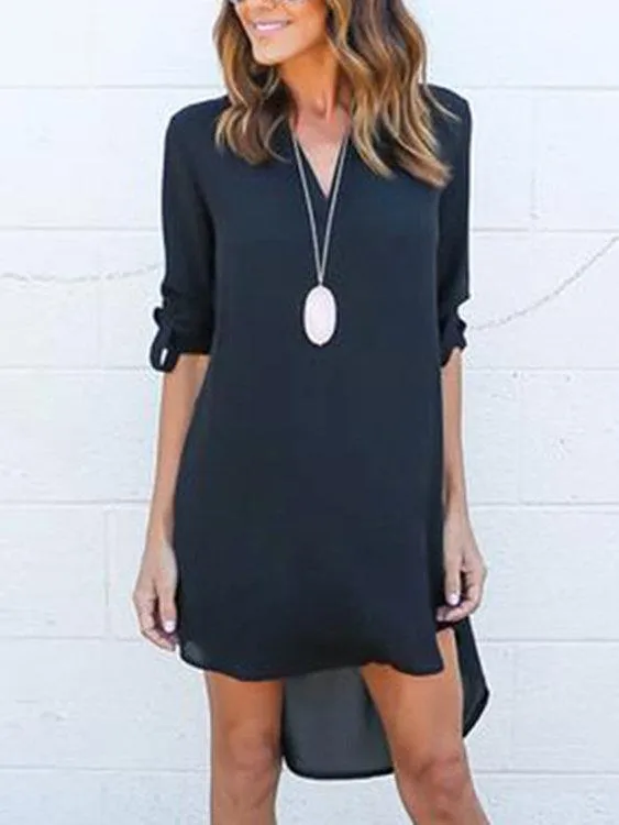 ForestGreen V-neck Long Sleeves Irregular hem Chiffon Dress