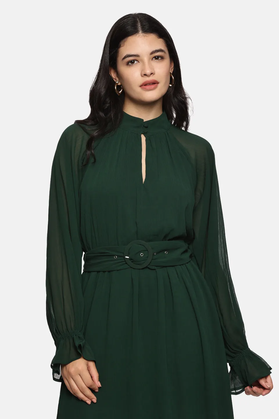IS.U Green Belted Blouson Sleeve Dress