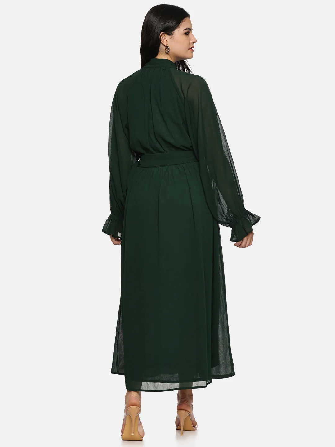 IS.U Green Belted Blouson Sleeve Dress