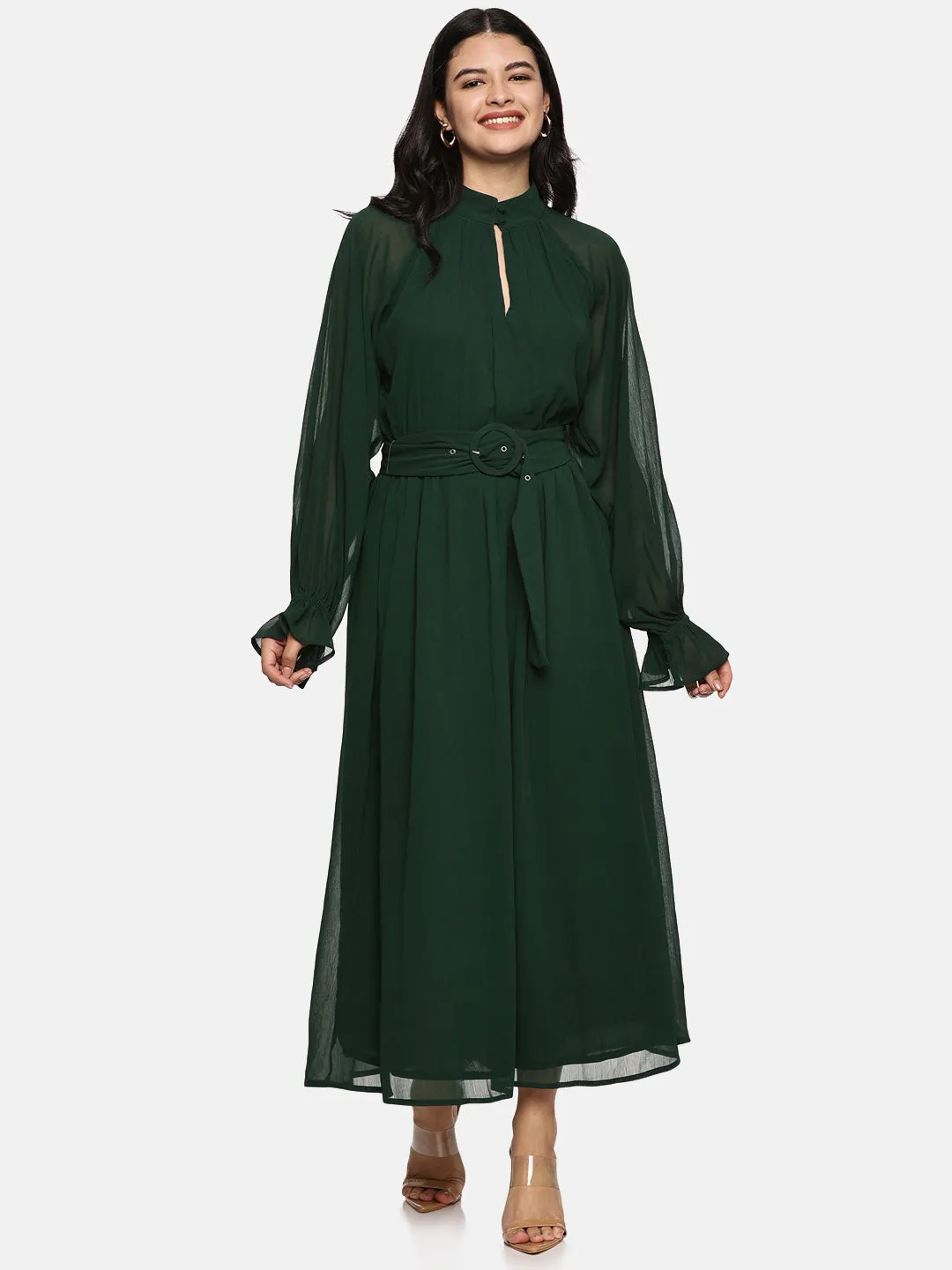 IS.U Green Belted Blouson Sleeve Dress