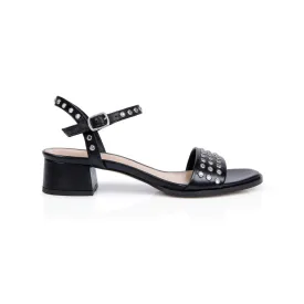 Michelle: Black Leather Studded Low Block Heel Sandals