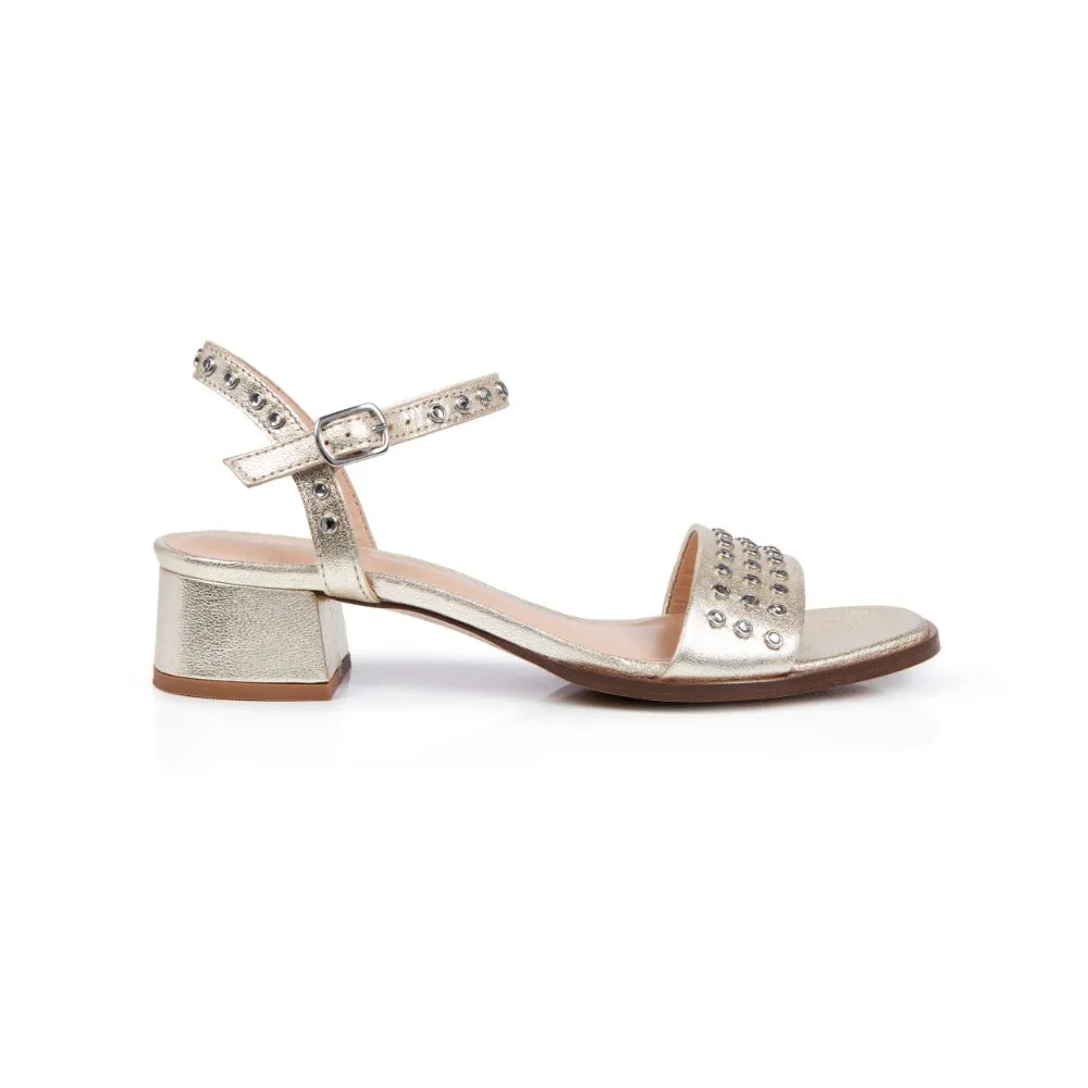 Michelle: Gold Leather Studded Low Block Heel Sandals