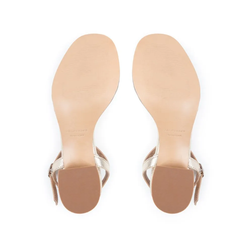 Michelle: Gold Leather Studded Low Block Heel Sandals