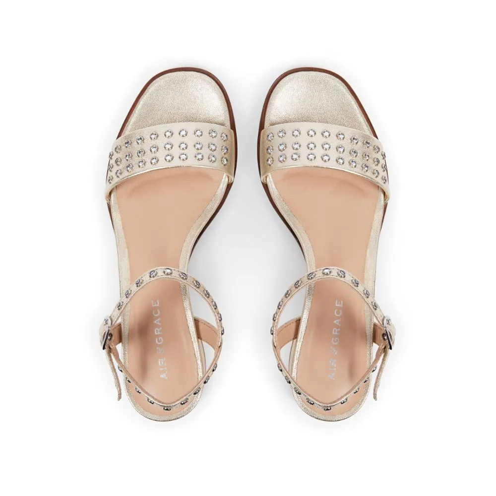 Michelle: Gold Leather Studded Low Block Heel Sandals