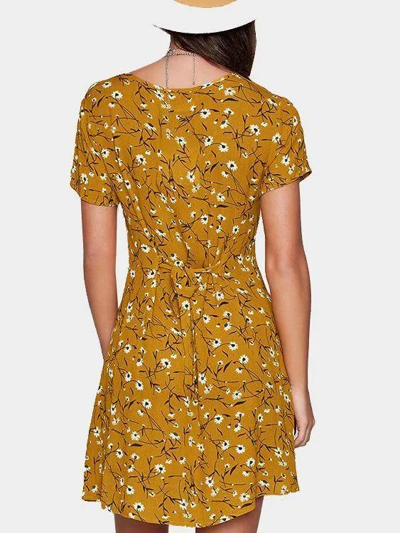 Random Floral Print Button Front Short Sleeves Mini Dress
