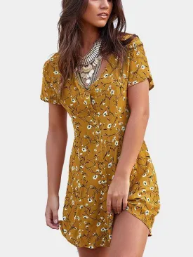 Random Floral Print Button Front Short Sleeves Mini Dress