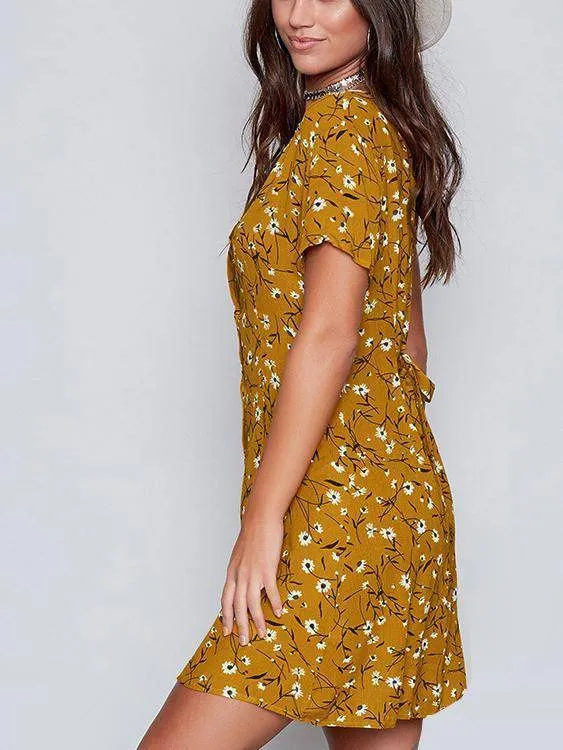 Random Floral Print Button Front Short Sleeves Mini Dress