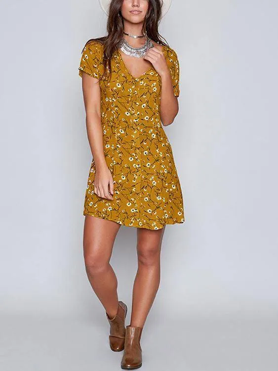 Random Floral Print Button Front Short Sleeves Mini Dress