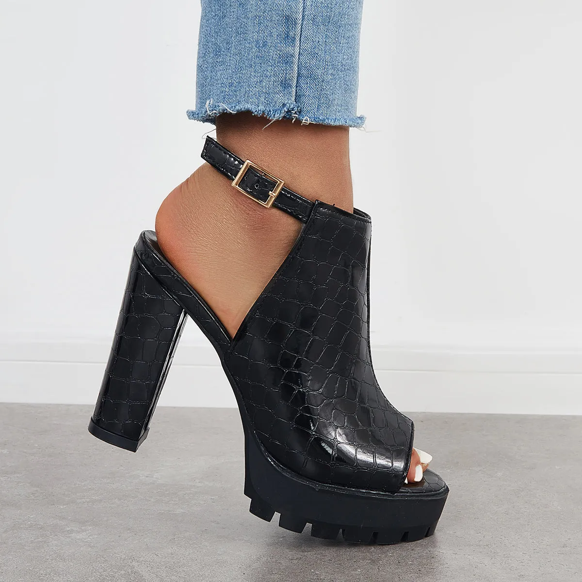 Sohiwoo Black Peep Toe Chunky Platform Sandals Singback Dress Heels