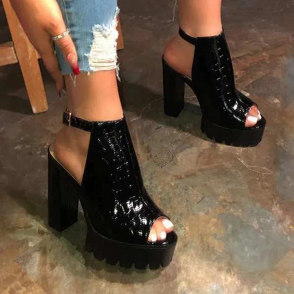 Sohiwoo Black Peep Toe Chunky Platform Sandals Singback Dress Heels