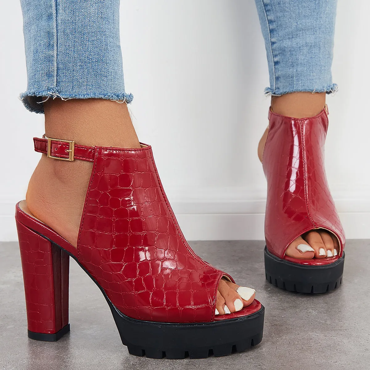 Sohiwoo Black Peep Toe Chunky Platform Sandals Singback Dress Heels