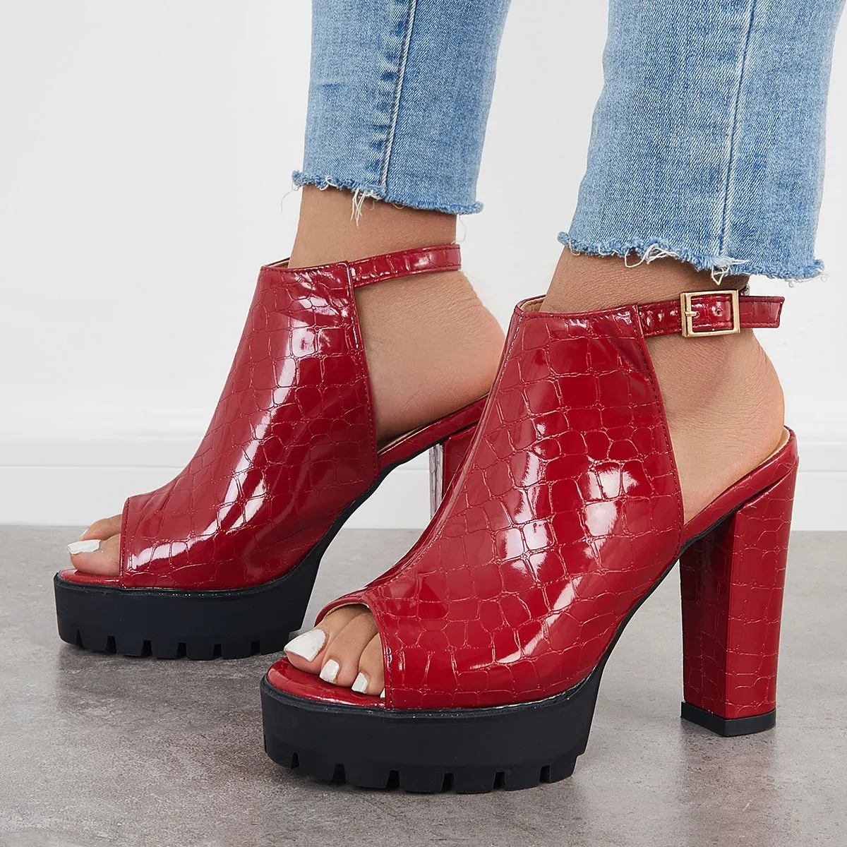 Sohiwoo Black Peep Toe Chunky Platform Sandals Singback Dress Heels