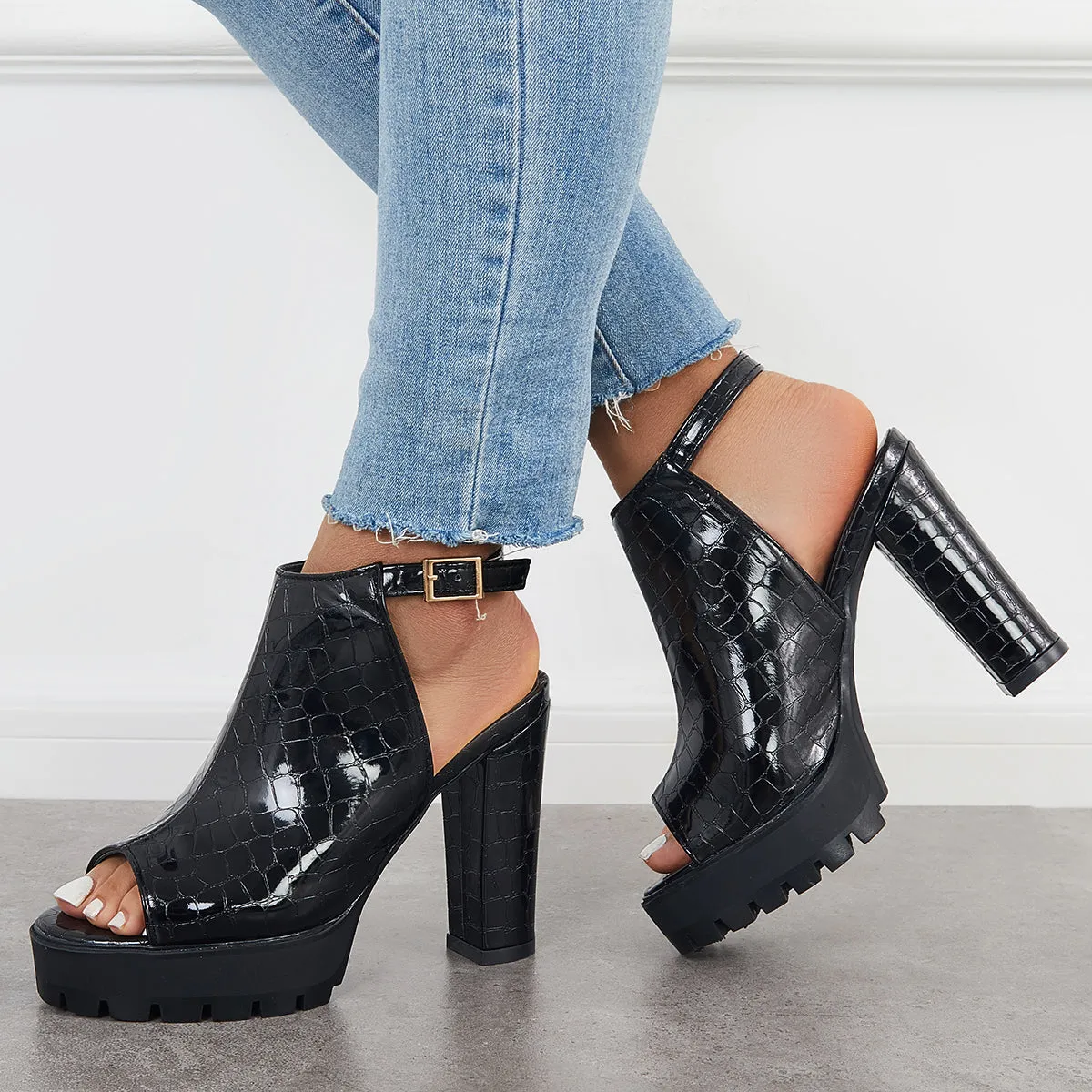 Sohiwoo Black Peep Toe Chunky Platform Sandals Singback Dress Heels