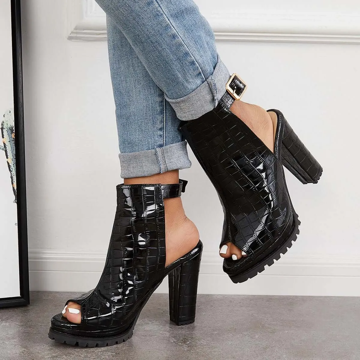 Sohiwoo Black Peep Toe Chunky Platform Sandals Singback Dress Heels