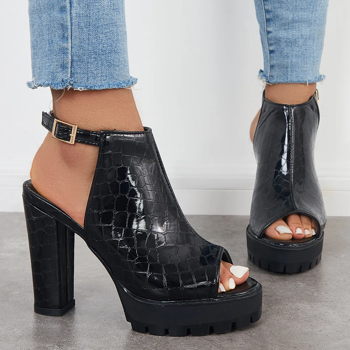 Sohiwoo Black Peep Toe Chunky Platform Sandals Singback Dress Heels
