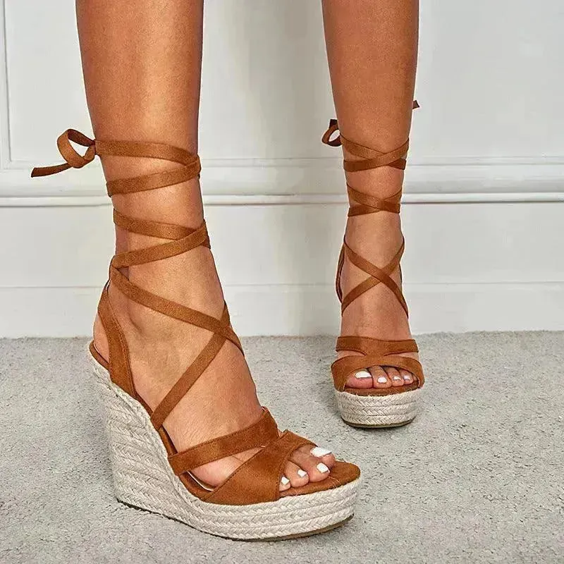Women's Fashion Foam Bottom Heightening Cross Strappy Rope Tie Wedge Sandals