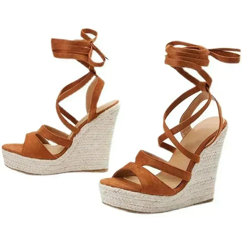 Women's Fashion Foam Bottom Heightening Cross Strappy Rope Tie Wedge Sandals