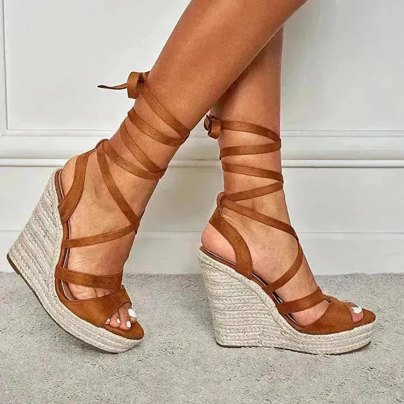 Women's Fashion Foam Bottom Heightening Cross Strappy Rope Tie Wedge Sandals