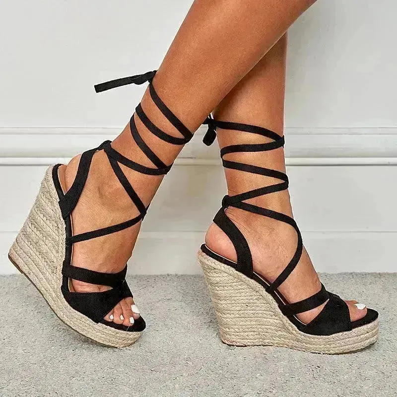 Women's Fashion Foam Bottom Heightening Cross Strappy Rope Tie Wedge Sandals