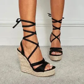 Women's Fashion Foam Bottom Heightening Cross Strappy Rope Tie Wedge Sandals